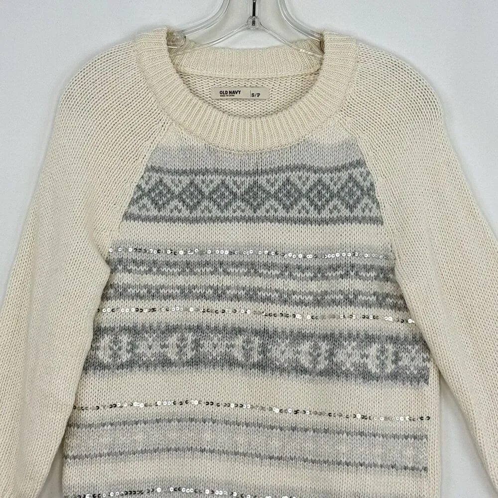 Old Navy Sweater Jumper Small PetiteFair Isle Cream Gray Knit Sequins Loose Fit